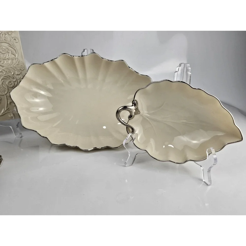 Collection of 5 Lenox‎ Ivory Platinum Candlesticks Trivet Candy & Scallop Dishes